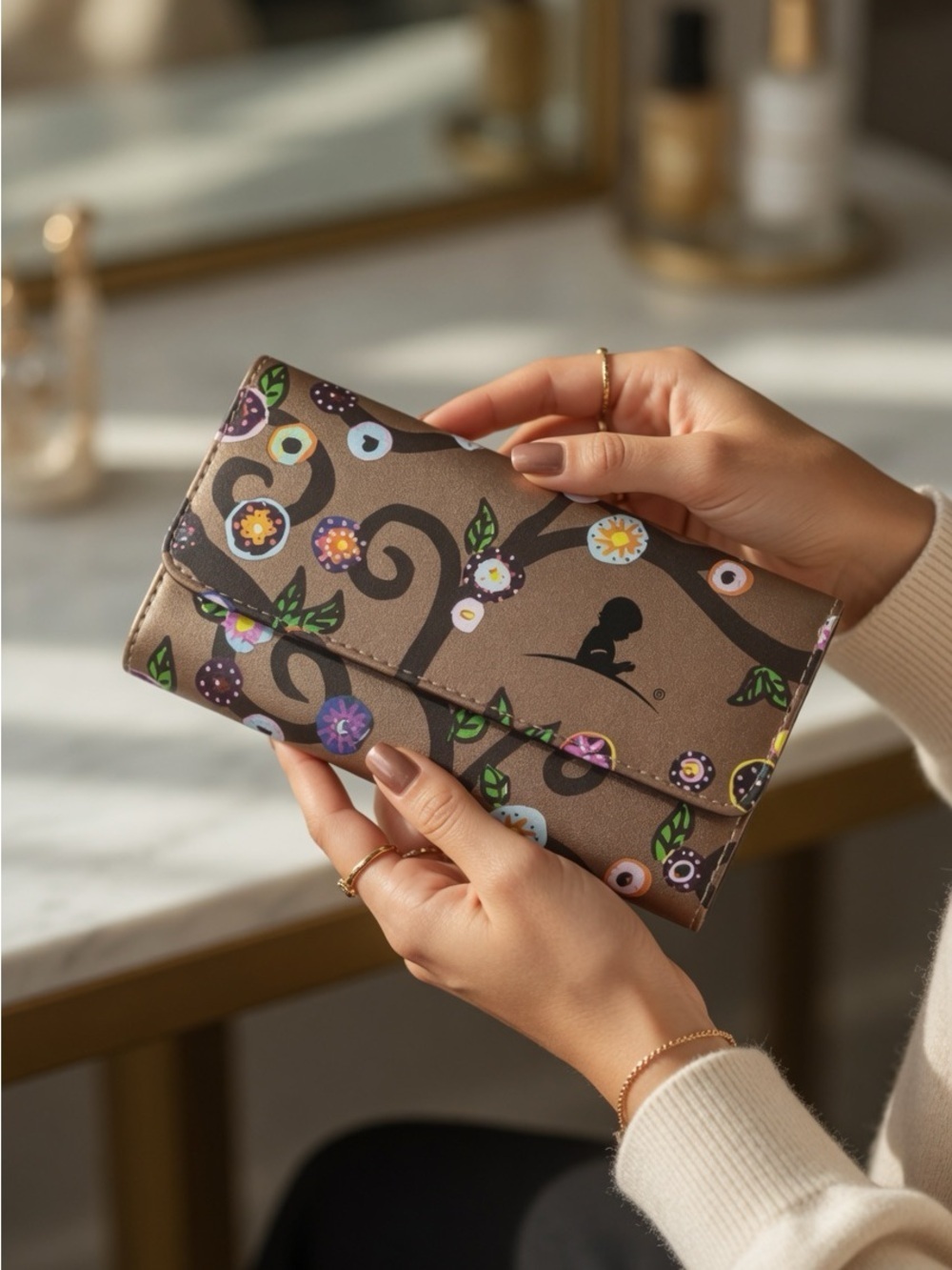 St Jude Rose Metallic Gold Trifold Travel Jewelry Pouch Flower Vine 4”x8” - Picture 1 of 8